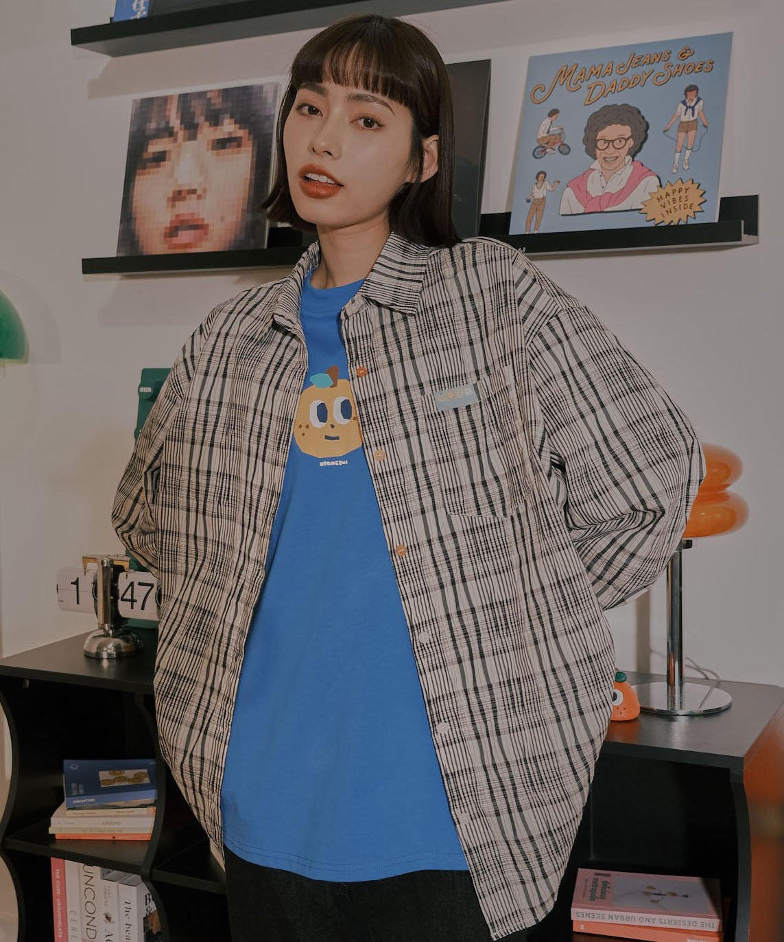 小標皺皺格紋襯衫 / 黑白格