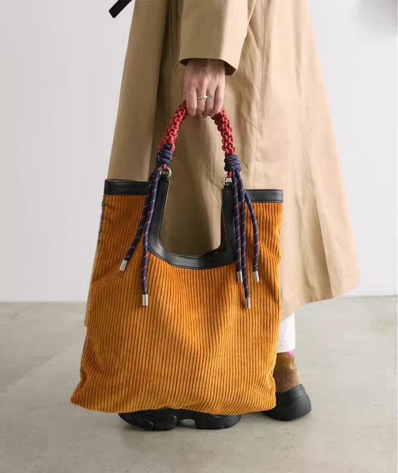秋冬新款燈芯絨托特包 手工編繩拼接大容量單肩包