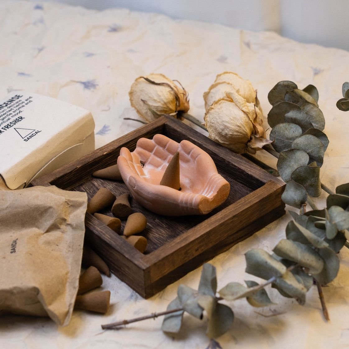 手工紅陶蓮花手香座 塔香香盤・居家療癒香插擺件