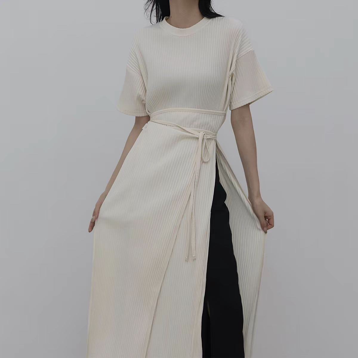 韓系極簡風   綁帶收腰側開叉長洋裝
