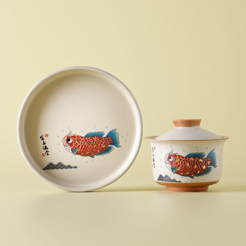 溫潤米黃 古風鯉魚金玉滿堂汝窯功夫茶具