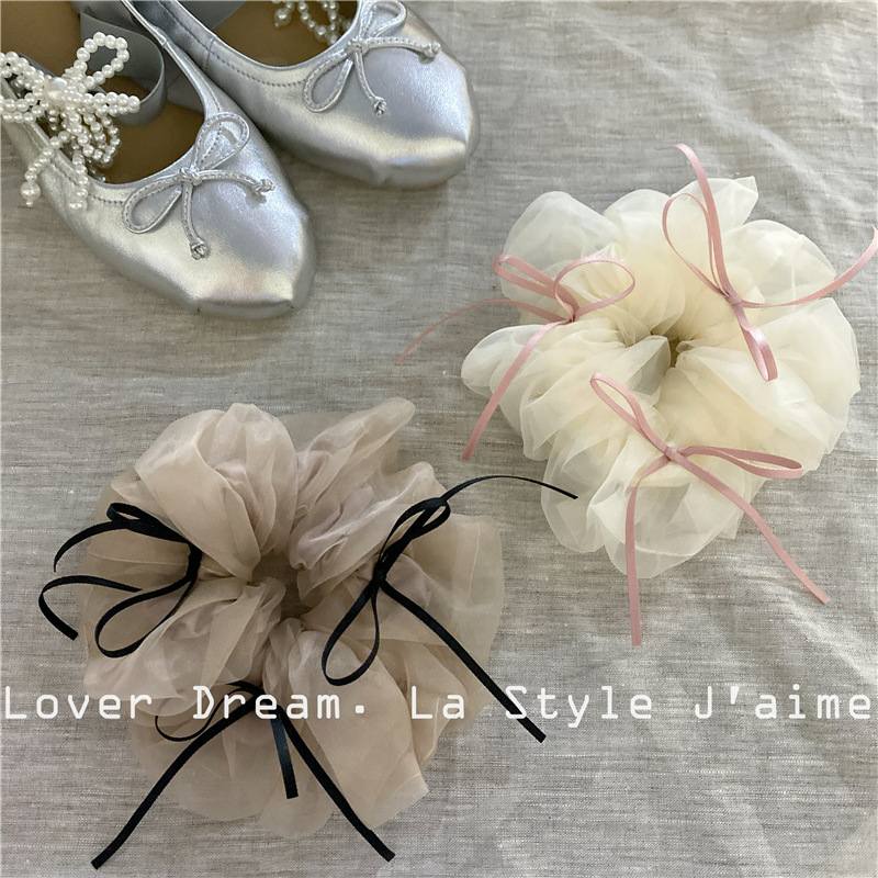 韓國新款粉紅絲帶 蝴蝶結網紗布藝髮圈髮繩兩入組