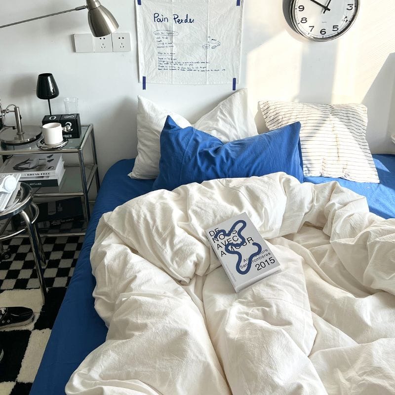 克萊因藍白雙拼色 秋季新色系水洗棉四件床包組