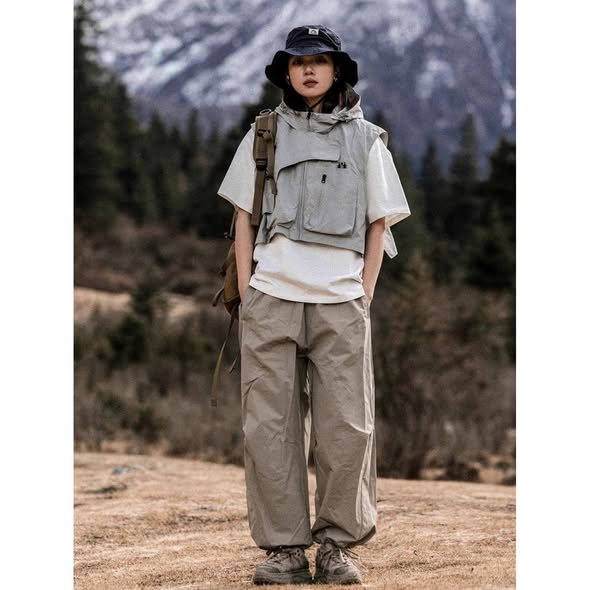 山系機能連帽短款背心 日系戶外多口袋坎肩・男女同款情侶背心