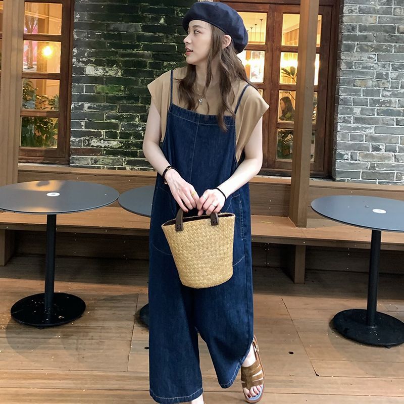 復古顯瘦寬鬆牛仔吊帶褲