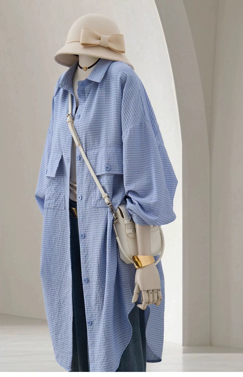 慵懶感滿分 春夏空調衫外搭 條紋肌理長版襯衫