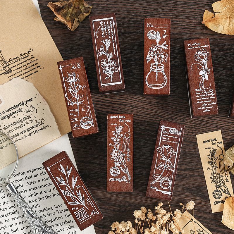 手帳控必收的高顏值禮物款 復古花卉櫸木木質印章 · 八枚套裝