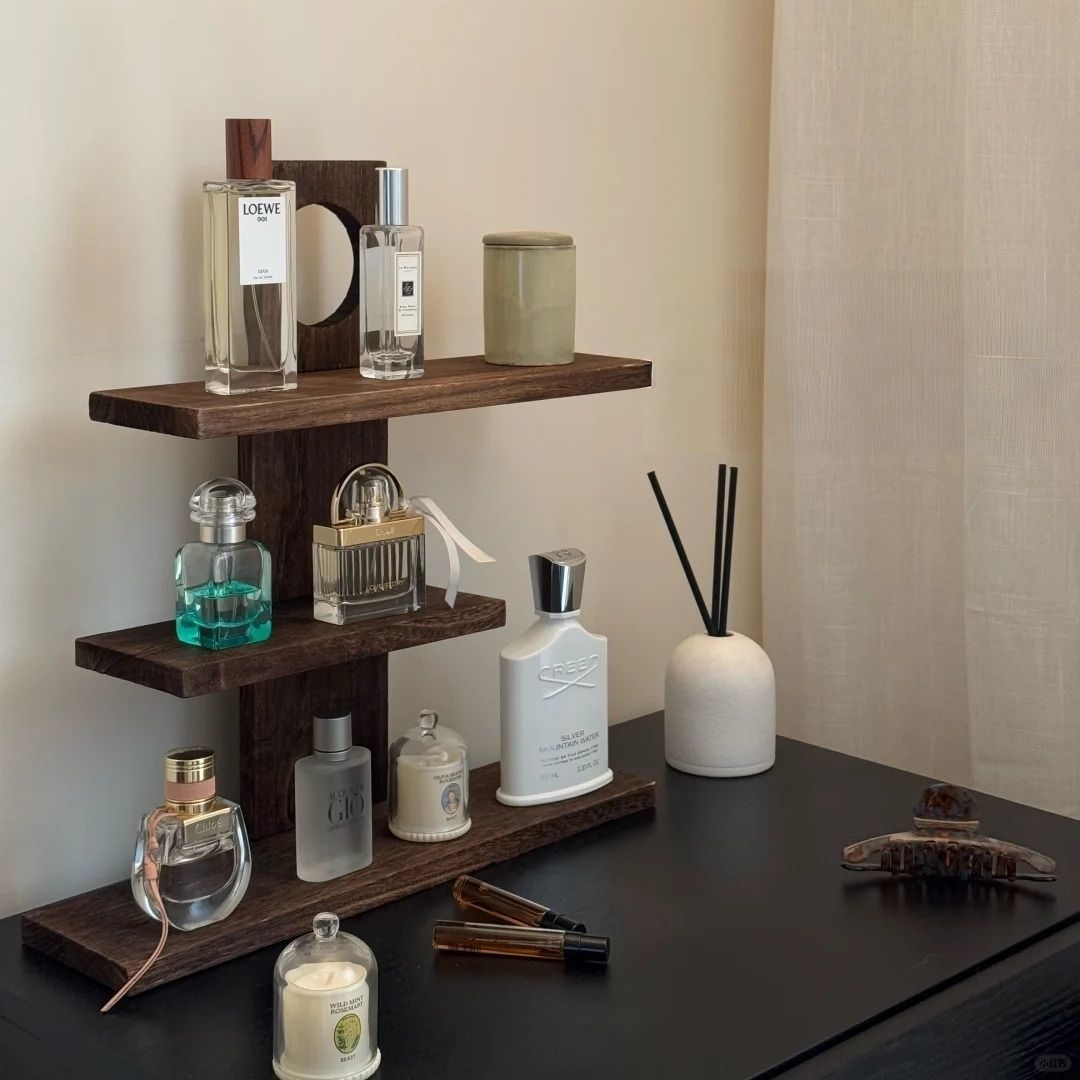復古木質桌面收納架  高級簡約多層展示香水置物架