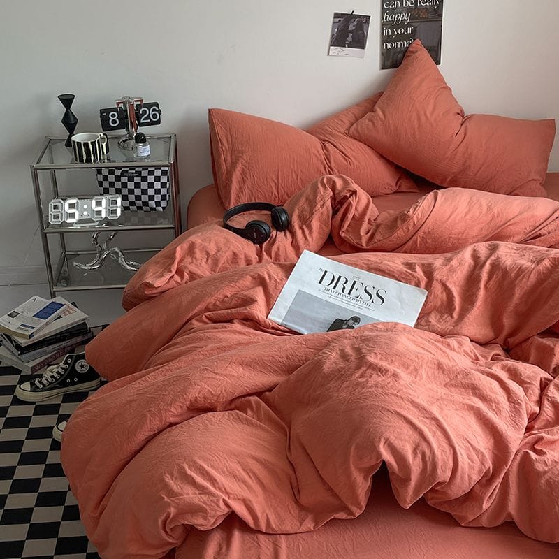 新色系水洗棉四件床包組 香柚橙純色有單人款
