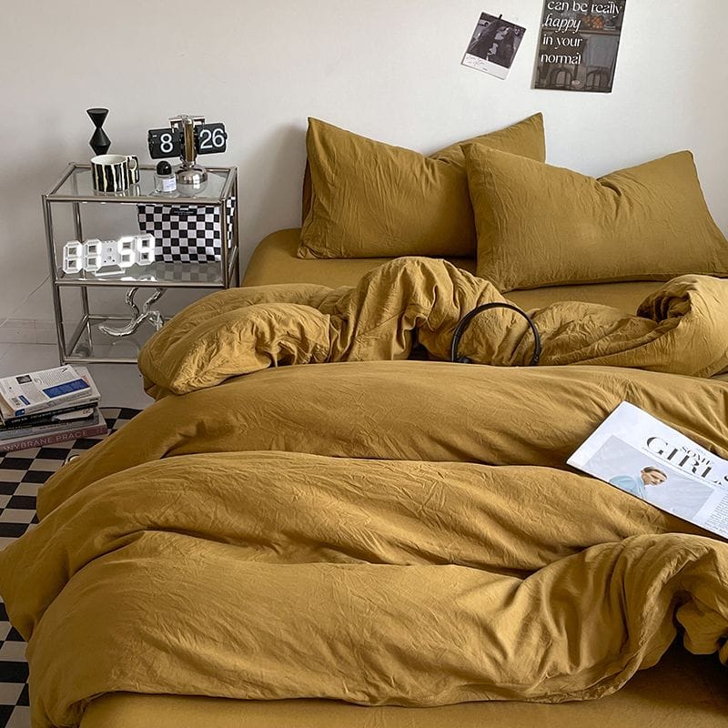 新色系水洗棉四件床包組 瑪瑙黃純色有單人款