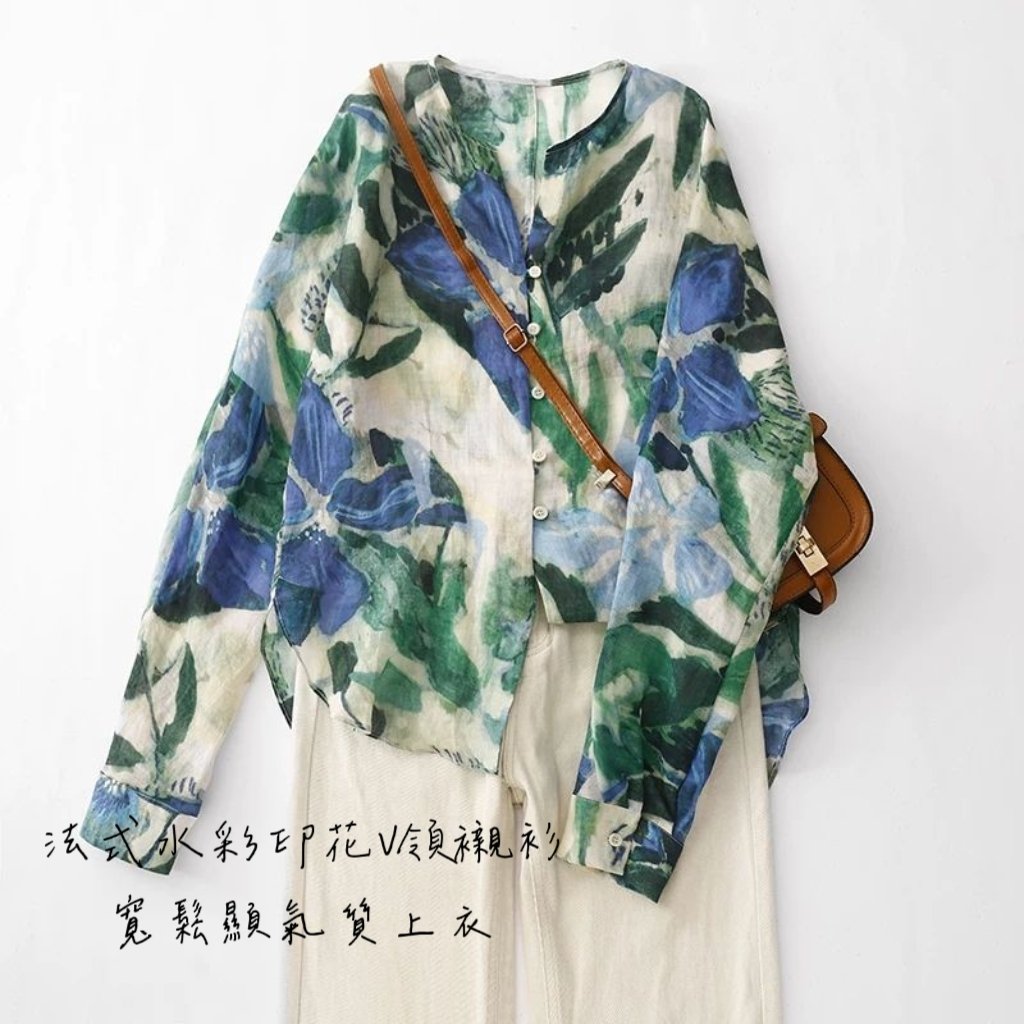 法式水彩印花V領襯衫