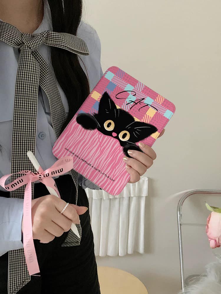 口袋黑貓 粉色格紋萌萌小黑貓平板保護套