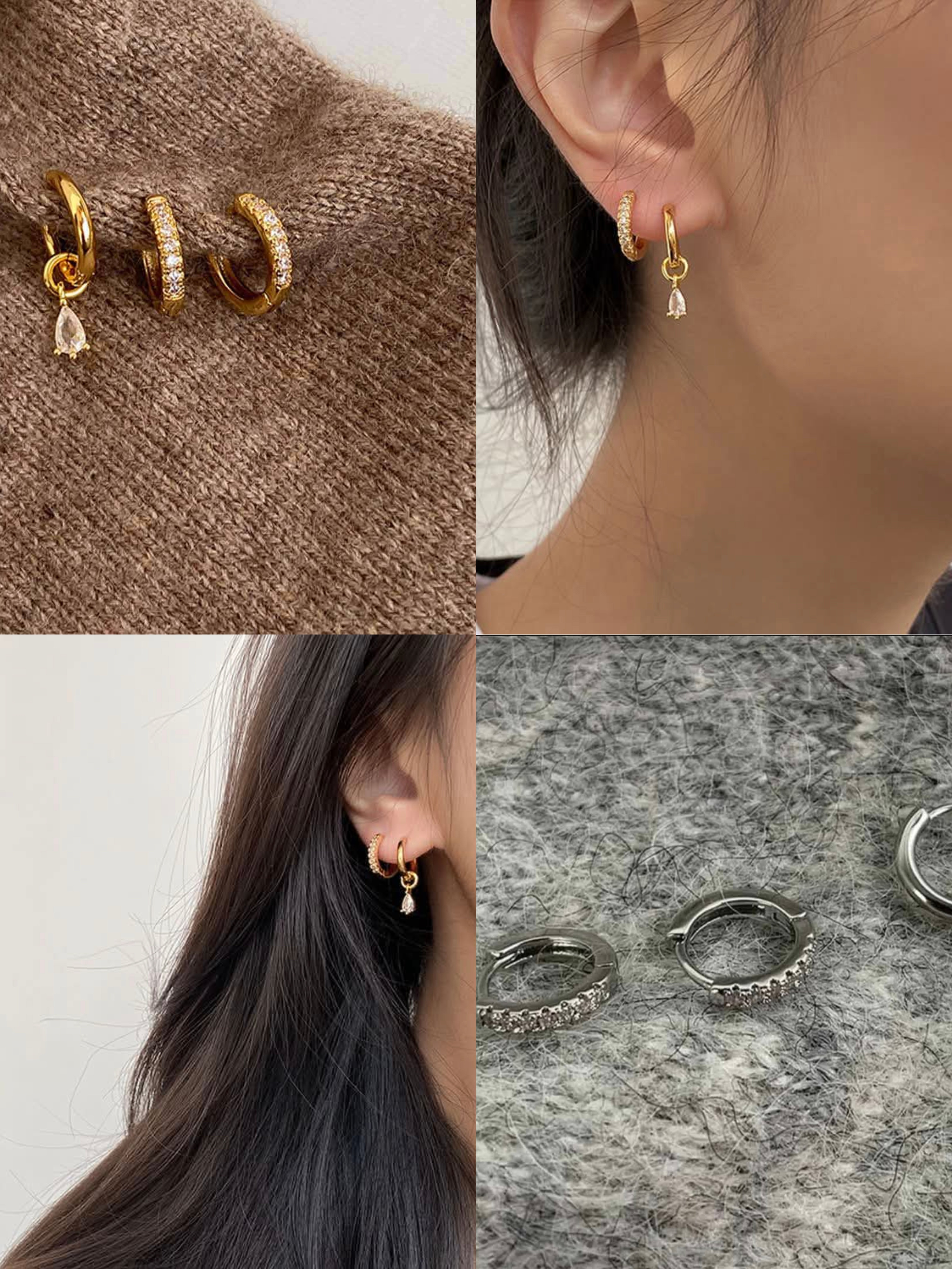 金JENNIE同款 韓系水滴鋯石三件組耳環