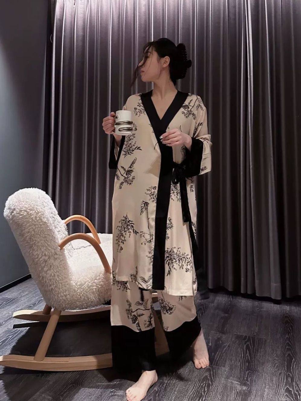 新中式雅緻水墨睡衣 黑邊襯色長袖家居套裝