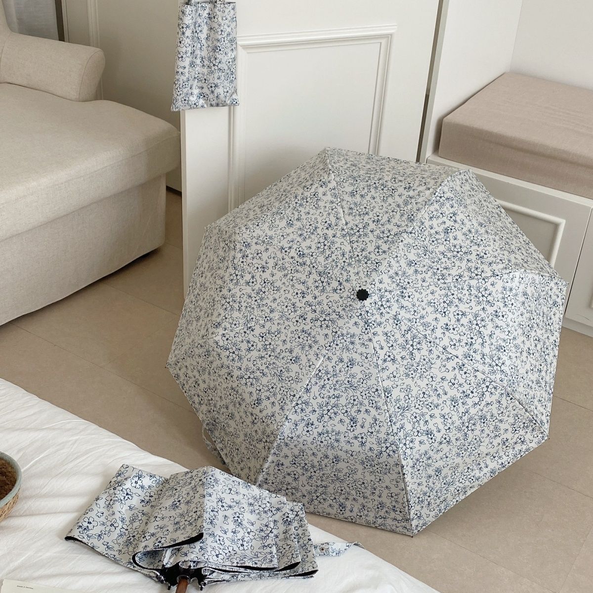 法式小碎花彎鉤/自動防曬傘 黑膠防曬 晴雨兩用折疊傘