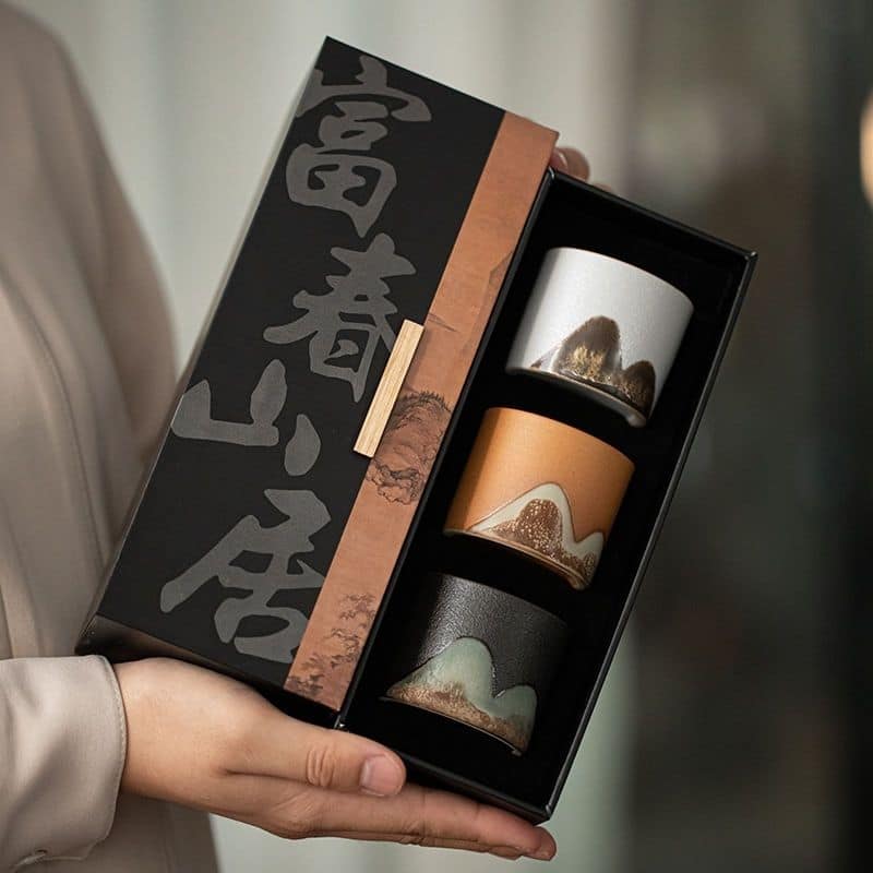 富春山居 禪黑手繪遠山茶杯功夫茶具三組