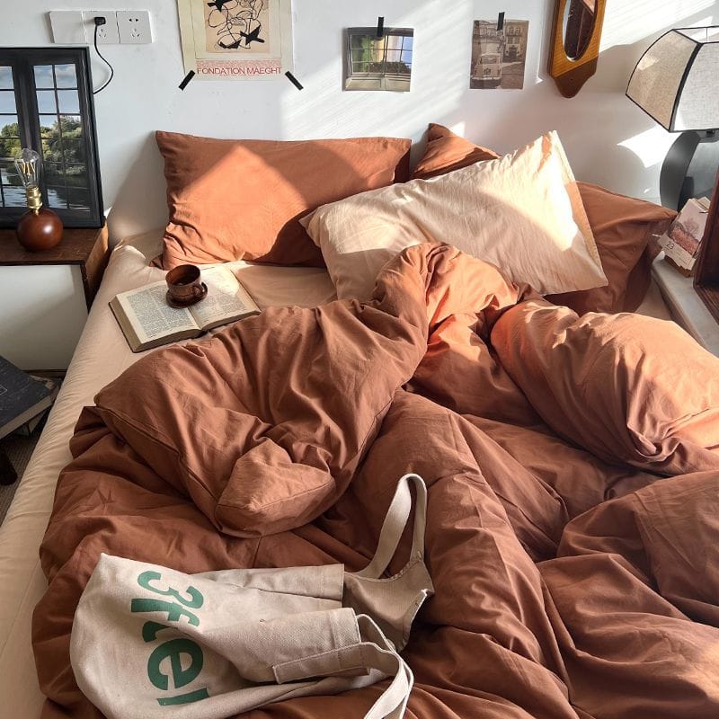 焦糖奶杏雙拼色 秋季新色系水洗棉四件床包組