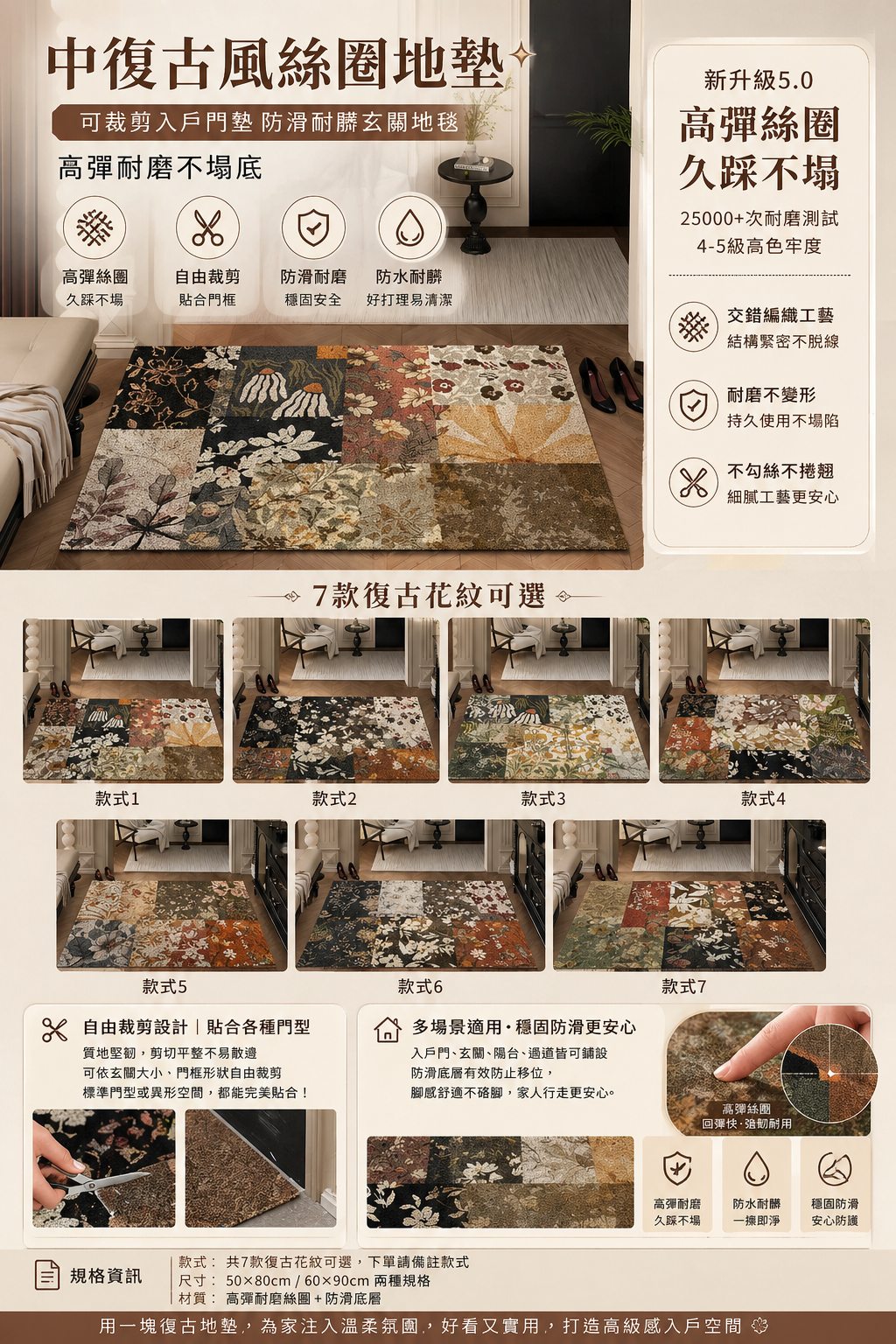 中復古風絲圈地墊  可裁剪入戶門墊 中古風復古拼花圈絲地墊 輕奢高級感入戶門腳踏墊
