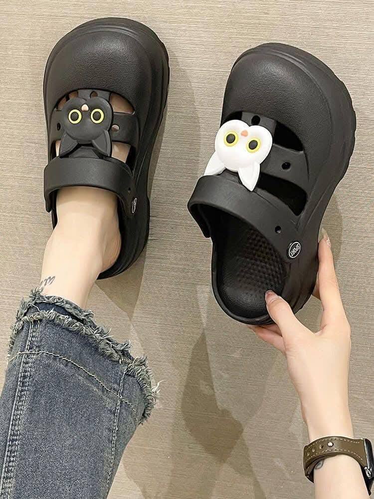 黑白貓貓洞洞鞋防滑厚底涼拖鞋