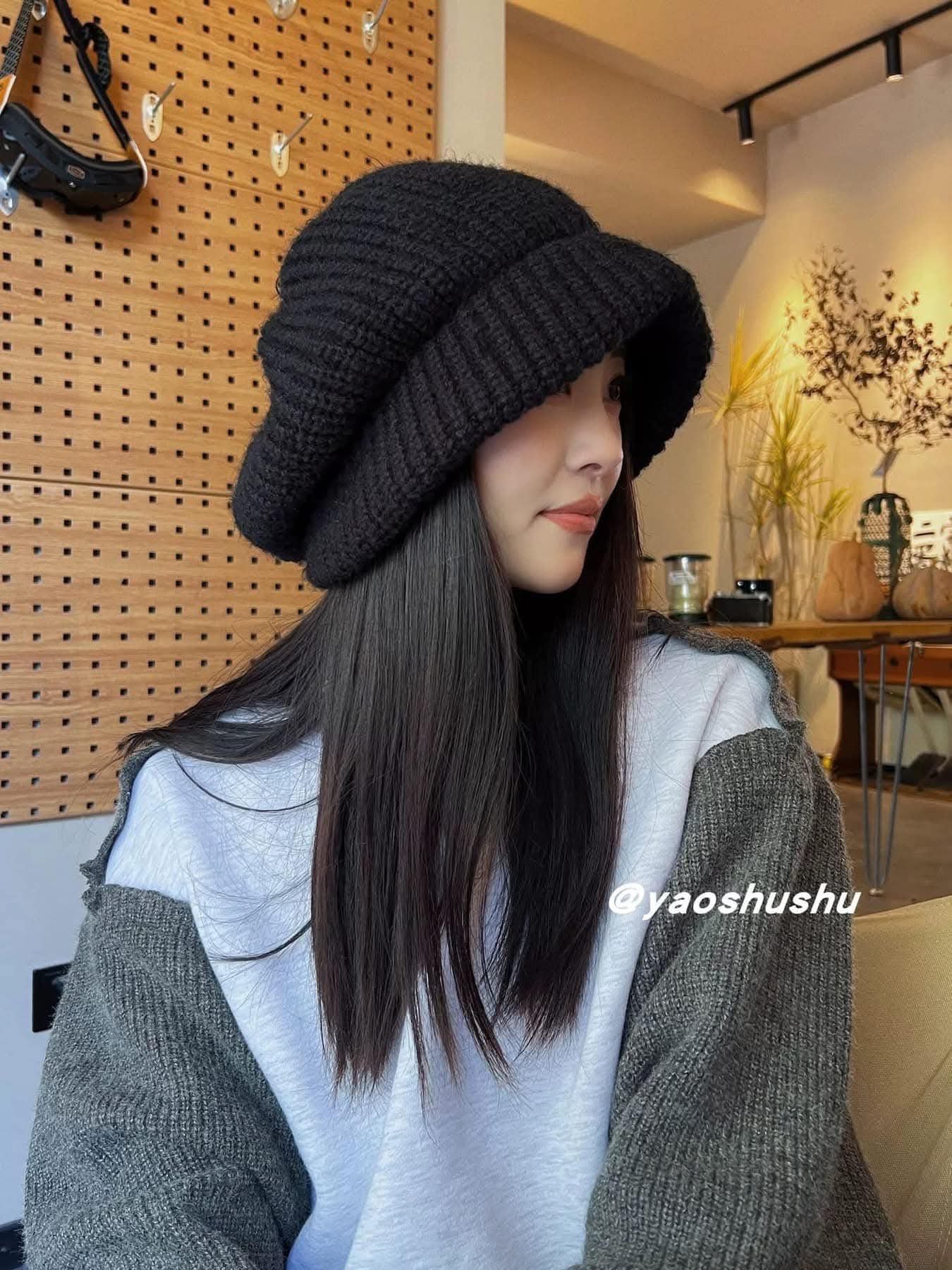 純色大頭圍水母毛線堆堆帽