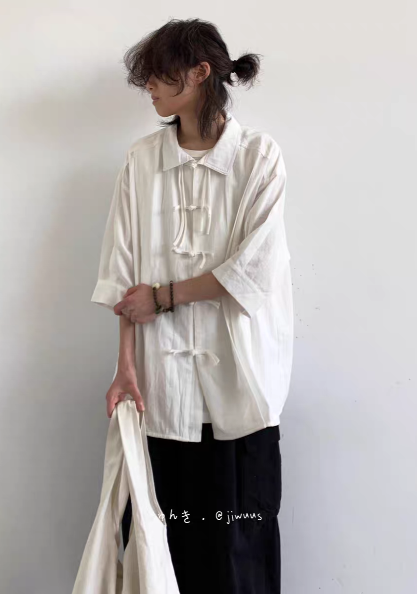 夏季新中式復古盤扣襯衫 純色寬鬆唐裝 男女國風短袖上衣