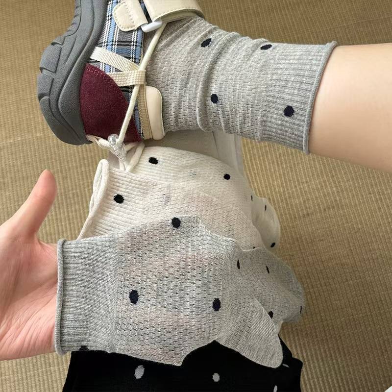 夏季薄款網眼 波點點卷邊中筒襪4雙組