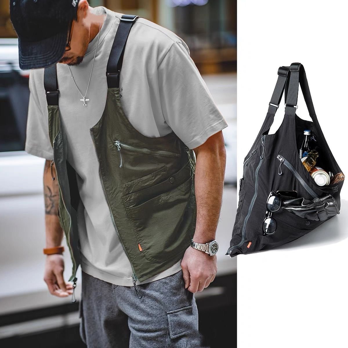 背心秒變大容量包 可折疊手提收納 日系戶外機能工裝馬甲背心