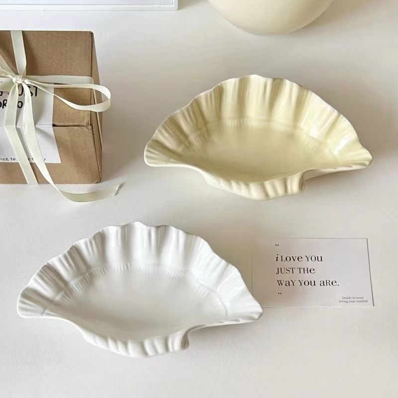 法式復古貝殼陶瓷盤 奶油色 ins 風甜品茶盤家用點心餐盤