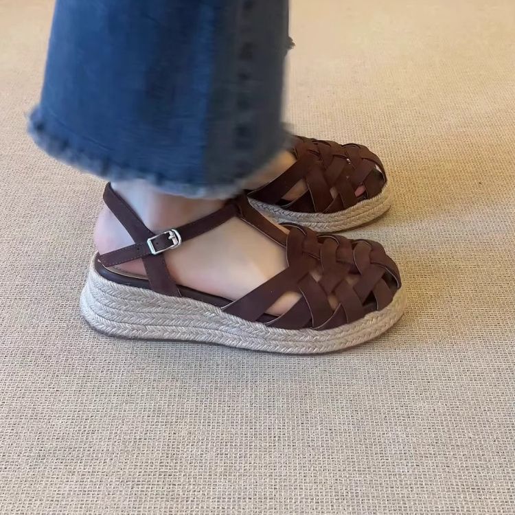 2026夏季新款法式編織包頭涼鞋  厚底增高羅馬鞋