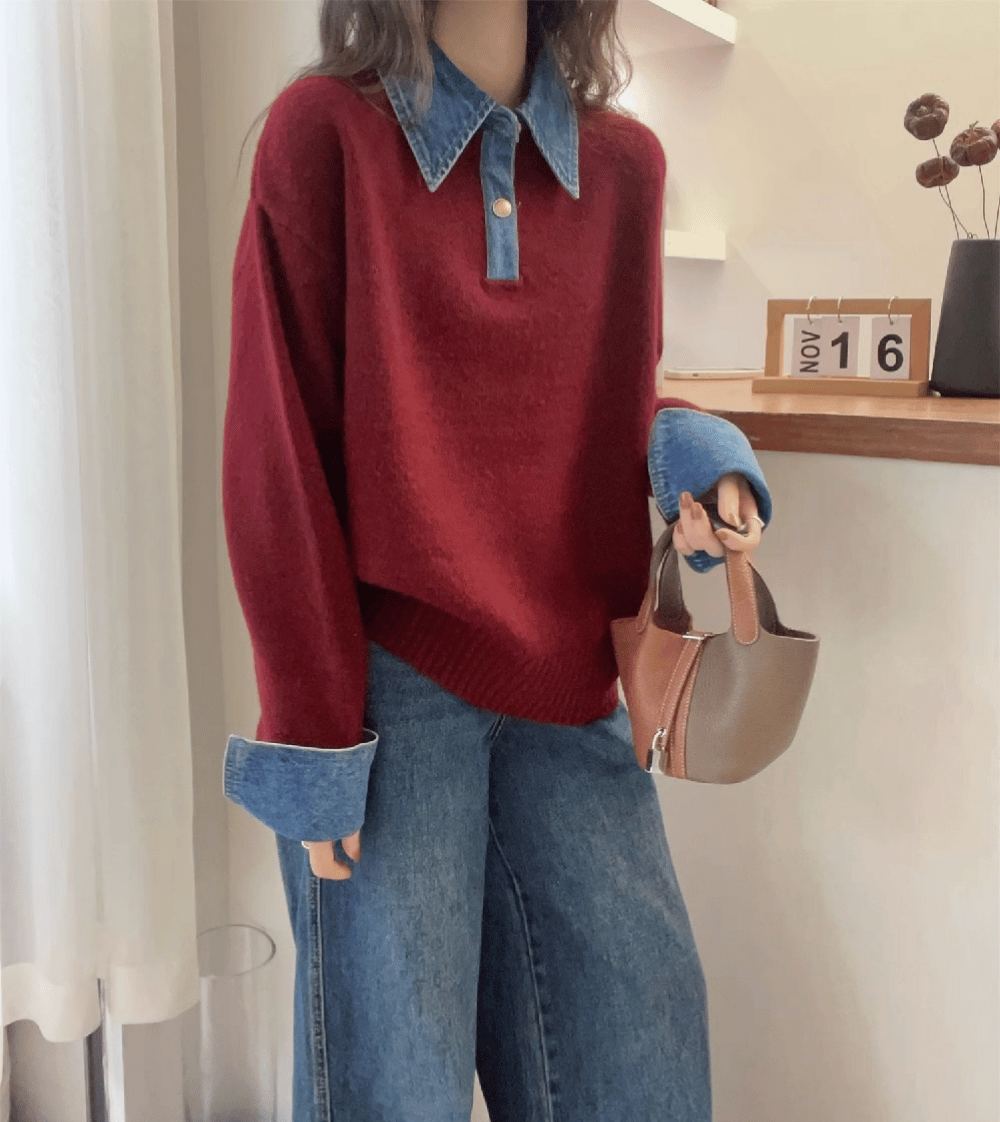冬季新款Polo領牛仔拼接針織上衣 高級感假兩件針織衫