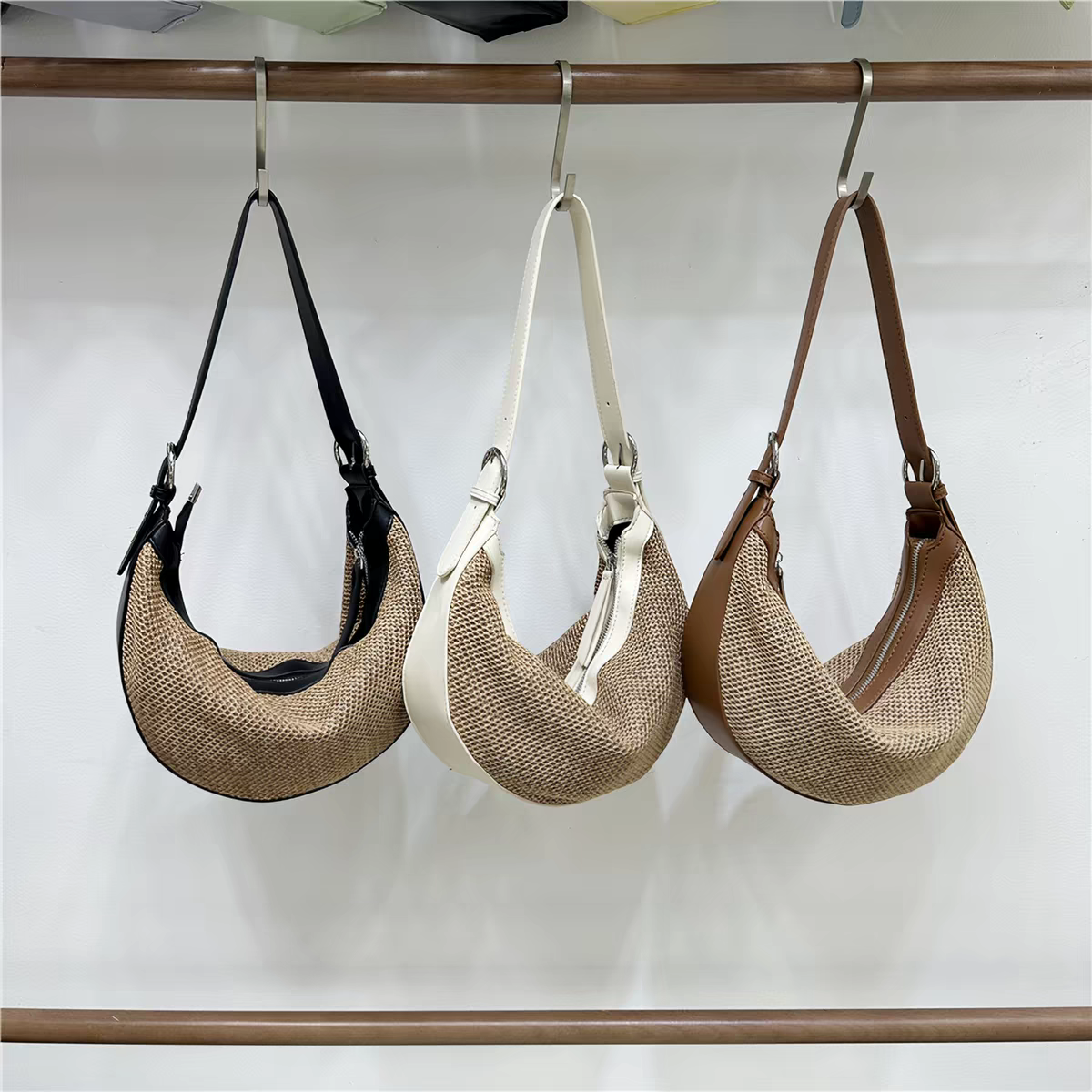 夏季拼接草編包 時尚通勤月牙單肩斜背包