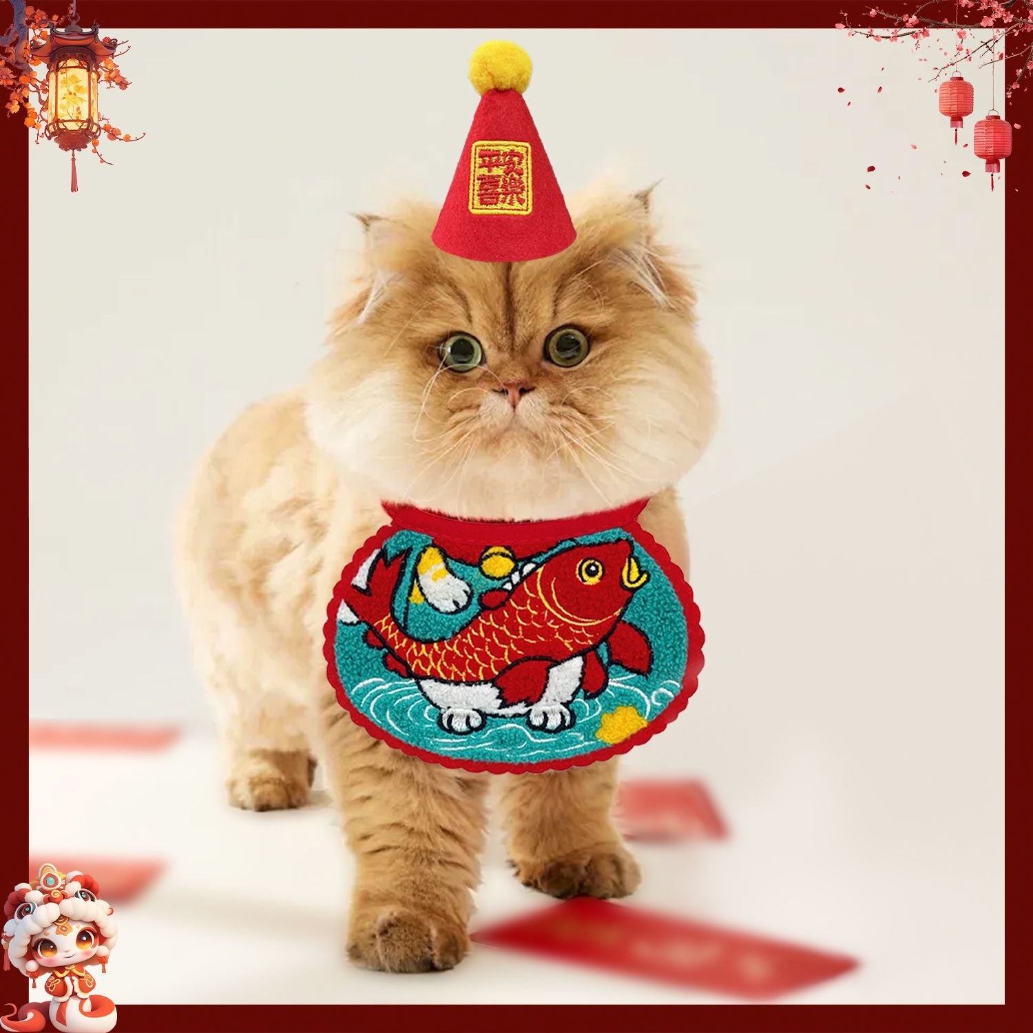 新年限定寵物圍兜帽子組 招財錦鯉×元寶刺繡・過年必備