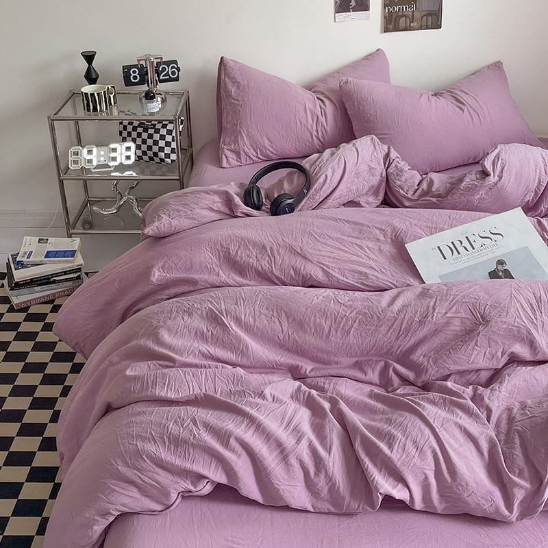 新色系水洗棉四件床包組 芋泥紫純色有單人款