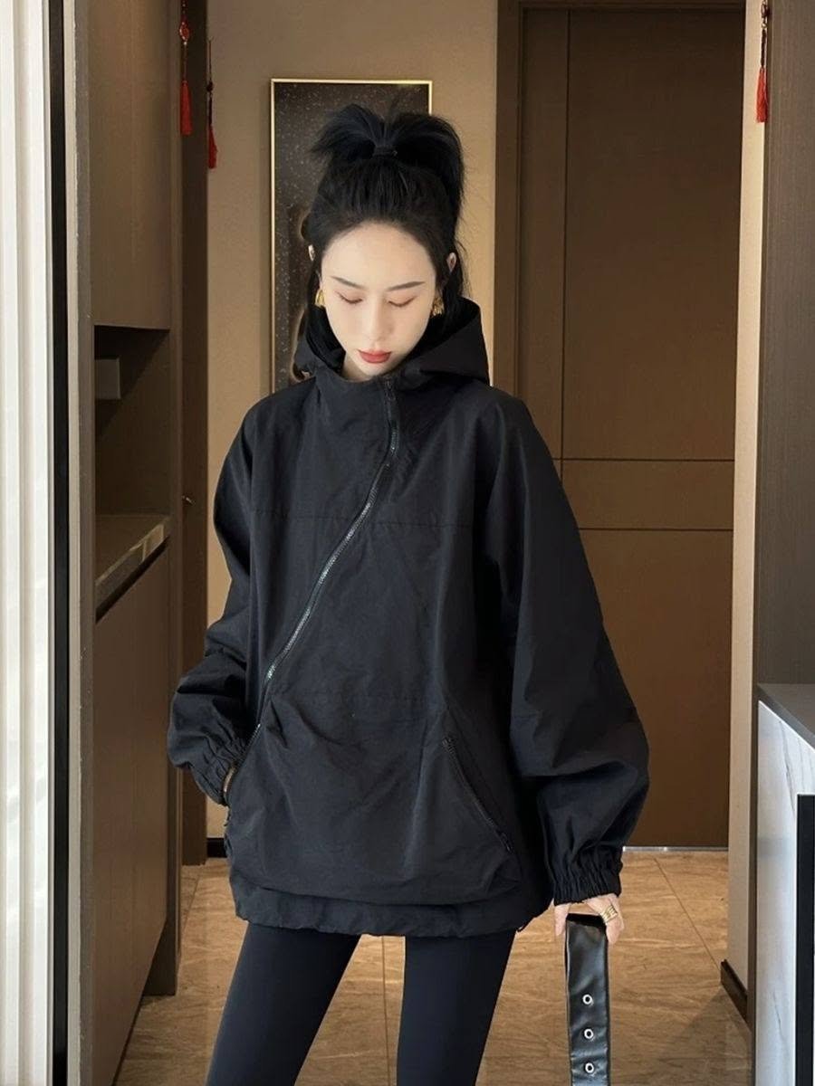 百搭休閒感小眾設計 韓系斜拉鍊寬鬆連帽外套