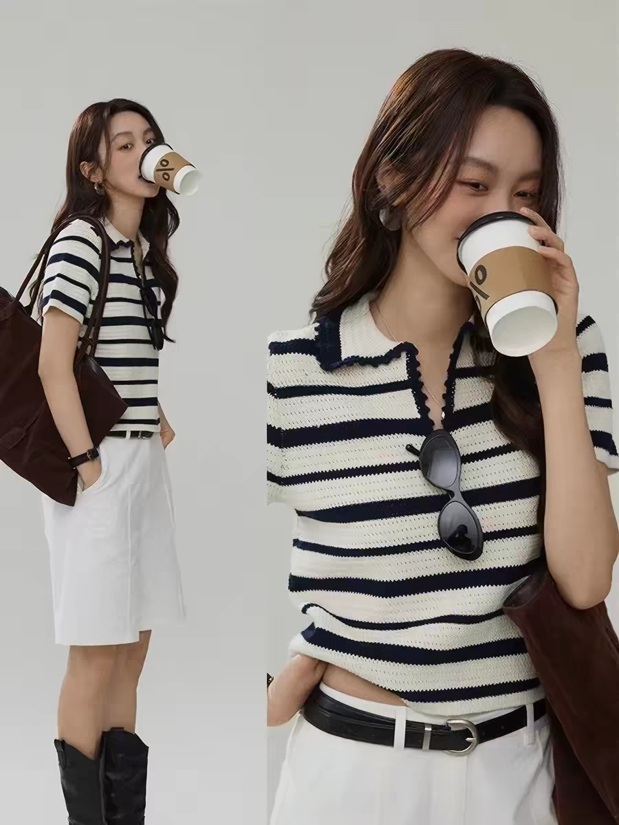 撞色條紋設計 輕奢針織POLO衫