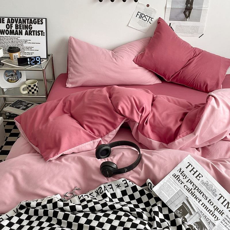 粉紅奶昔雙拼色 秋季新色系水洗棉四件床包組