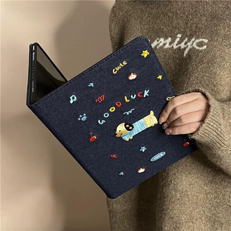 小狗與小貓 牛仔刺繡感狗狗貓咪造型平板保護套