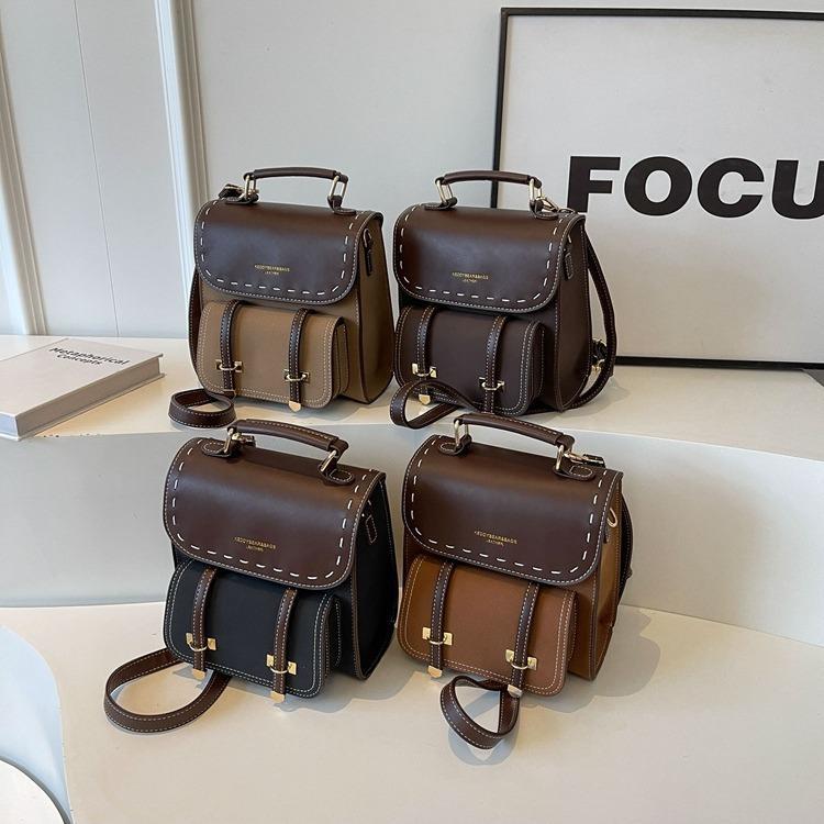 優質歐美款復古撞色設計雙肩包 質感PU百搭小書包風背包