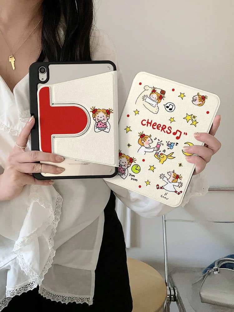 淘氣女孩 米白色小女孩插畫風iPad平板保護套