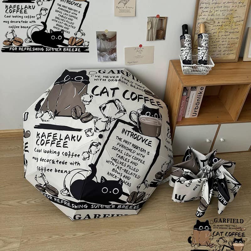 咖啡與貓 黑貓插畫風折疊晴雨兩用自動傘