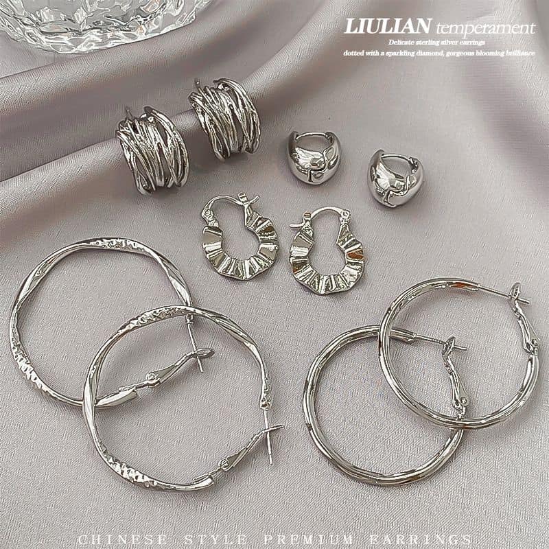 高級感銀色系 不規則圓圈系列耳環5入組   現貨