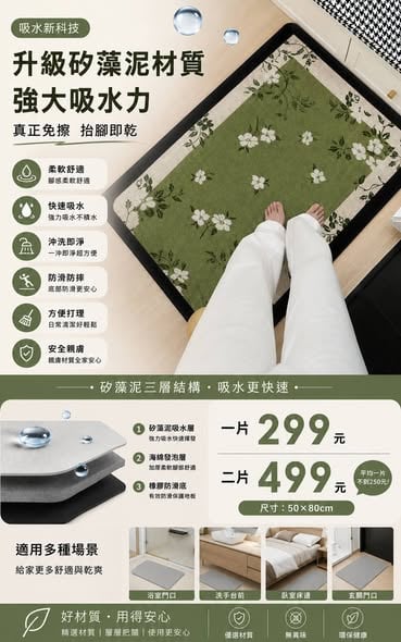 文藝風硅藻泥吸水地墊 大尺寸50×80cm