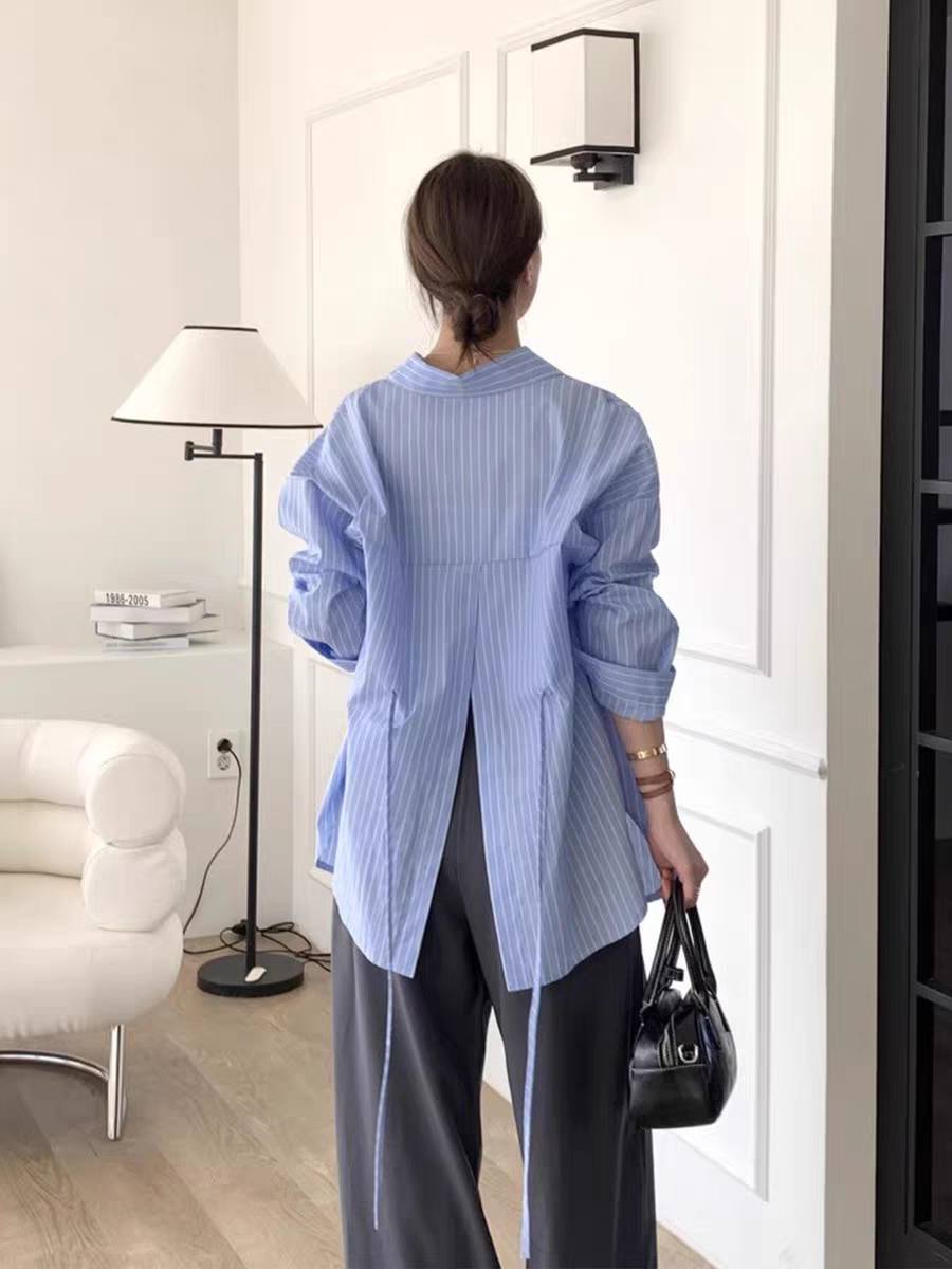 韓系秋季新款後背開叉繫帶條紋襯衫