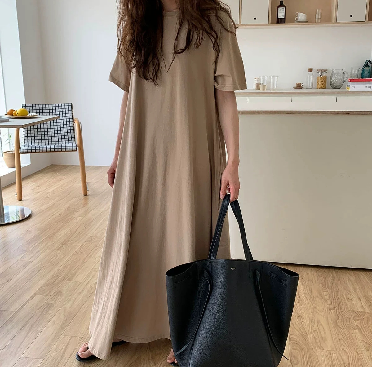 韓系慵懶風圓領寬鬆長版T恤洋裝