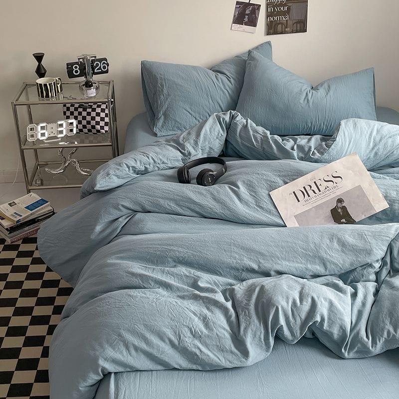 新色系水洗棉四件床包組 奶油藍純色有單人款