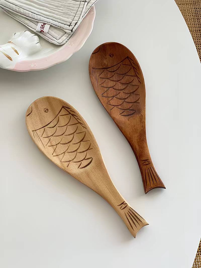 日式Zakka可愛木魚飯匙沙拉匙 天然實木不沾飯鏟2入