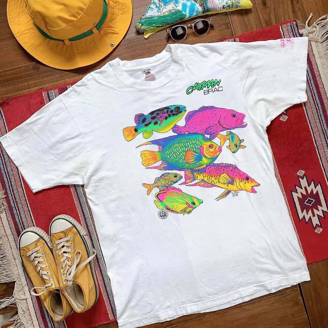海島限定 男女同款 Oversize 美式風格 復古霓虹熱帶魚Tee