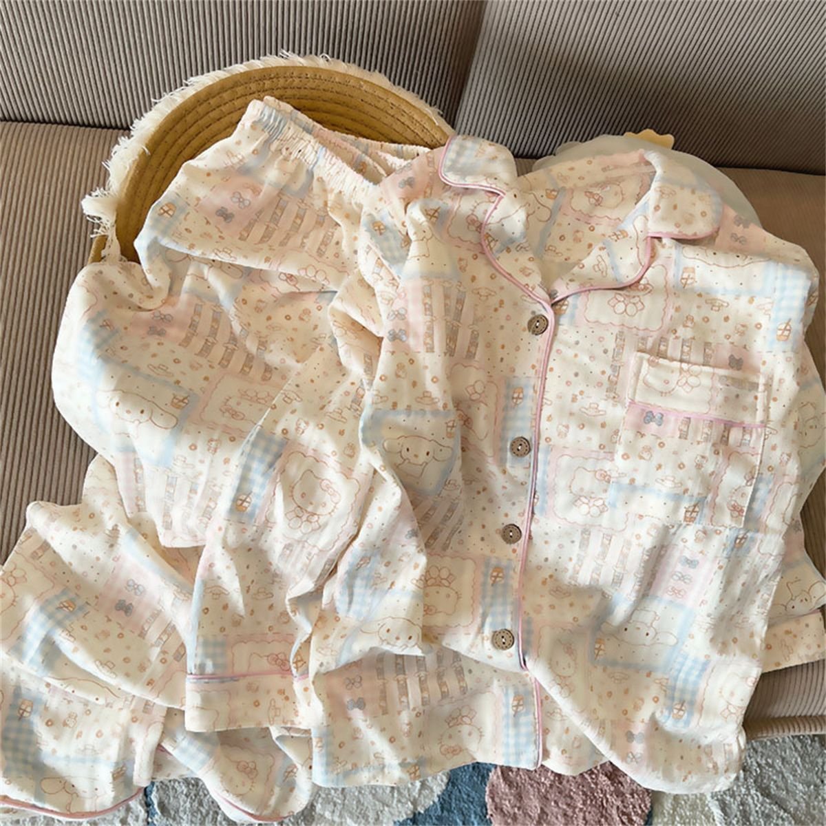 日系甜美溫柔奶油格可愛款長袖睡衣家居服套裝