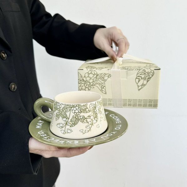 生日禮物 綠色鈴蘭花高級感咖啡杯套裝