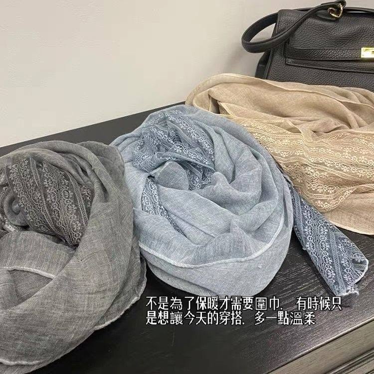 日系蕾絲拼接亞麻薄款圍巾 輕盈披肩兩用圍巾